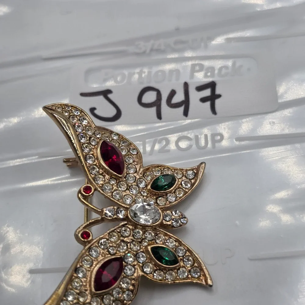 Vintage Gold Tone Butterfly Brooch Red Green Clear Rhinestone Pave Pin